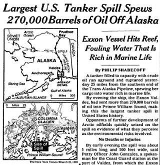 New York Times front-page story on the historic March 24th, 1989 Exxon Valdez oil tanker spill in Alaska’s Prince William Sound – then the largest oil spill in U.S. waters.