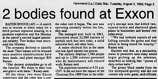 Early reporting from the Daily Star (Hammond, LA) on refinery explosions & fire at Baton Rouge on Aug 2nd, 1993, would kill 3 workers. 