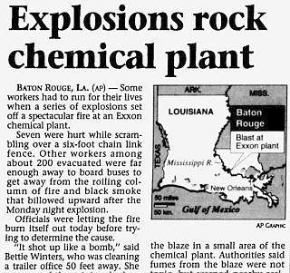 1994 Associated Press story on another of Exxon’s Baton Rouge refinery explosions, this one at a chemical plant.