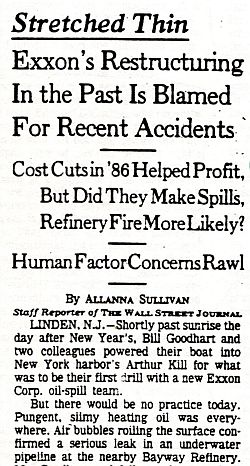 Part of a March 16, 1990 Wall Street Journal story on Exxon cost-cutting & incident risks.