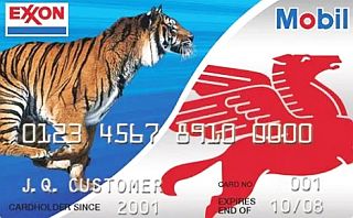 Credit card mock up showing respective company mascots – here, as if the Exxon Tiger is pursuing Mobil’s Pegasus.