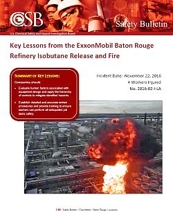 Cover of the CSB report & safety bulletin on the ExxonMobil Baton Rouge refinery isobutane release & fire. Click for PDF.