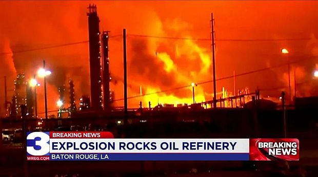 TV news broadcast screen-shot of ExxonMobil Baton Rouge complex ablaze during Feburary11-12, 2020 incident that shook up the city for some 7 hours before it was quelled. While tens of thousands of pounds of chemicals & vapors were released during the fire, ExxonMobil would later report that 98 percent were consumed by the fire. 